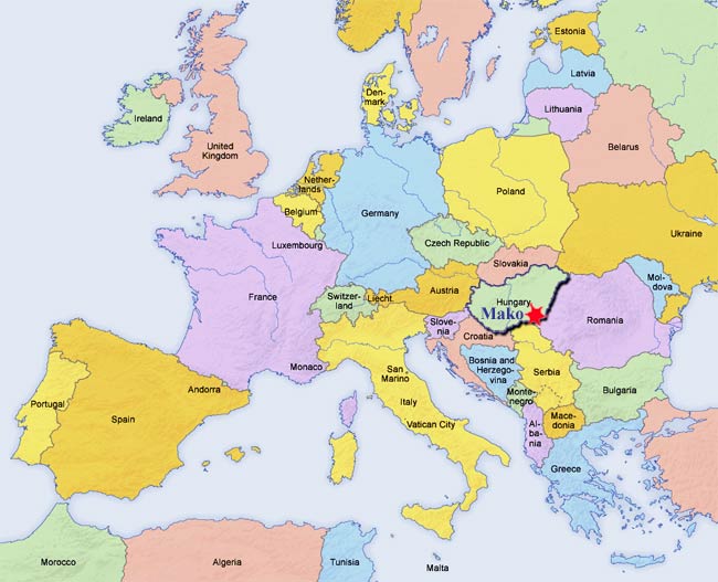 Map of modern Europe with Mako, Hungary starred