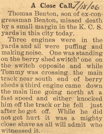 Neosho Daily News reports Benton's close call with a train